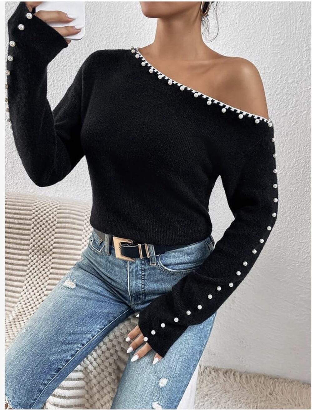 Cupshe Women’s Black Knit Pullover Sweater One-Shoulder Long Sleeve Pearl Trim S